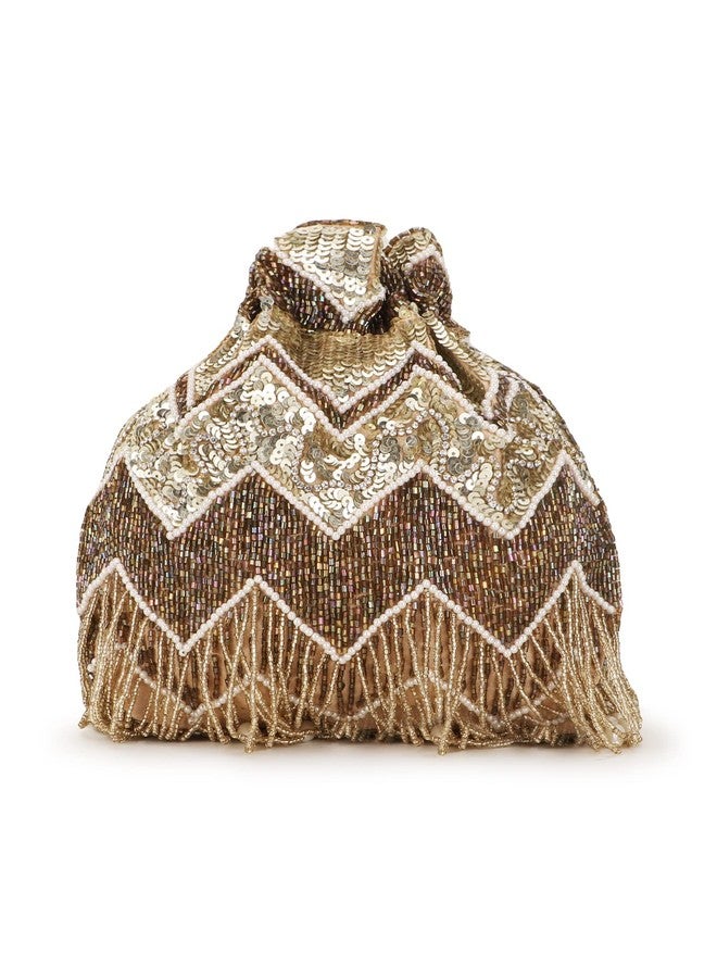 Anekaant Dangle Gold & Copper Chevron Embellished Faux Silk Potli - Image 3